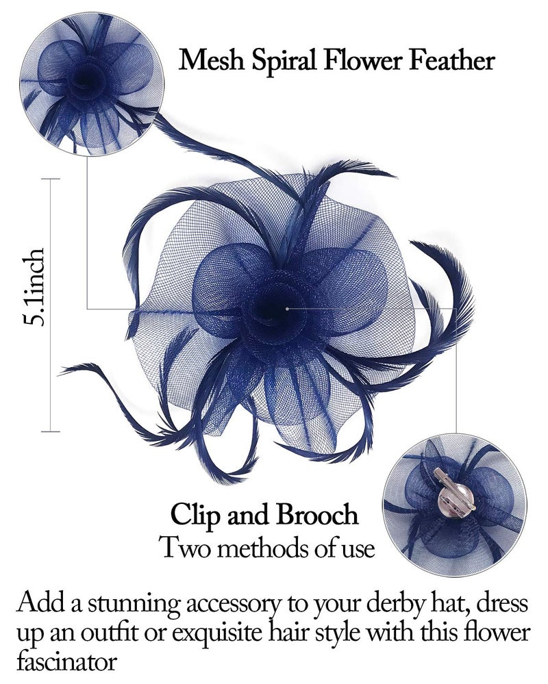 ZX Z&X Ladies Girls Fasciantor Hat Mesh Spiral Flower Feather Tea Party Hat with Clip Brooch Navy Blue - Image 5